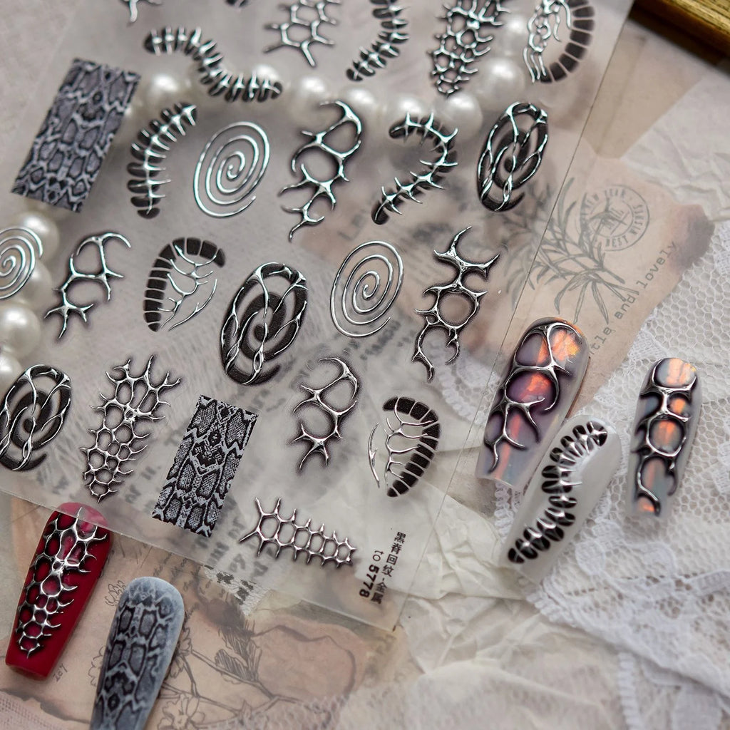 5D Gothic Nail Stickers – Snake Bone Punk Nail Decals Nail Art Stickers QXL