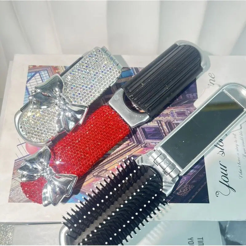 Mini Folding Airbag Comb & Compact Makeup Mirror | Diamond Folding Comb Mirror QXL