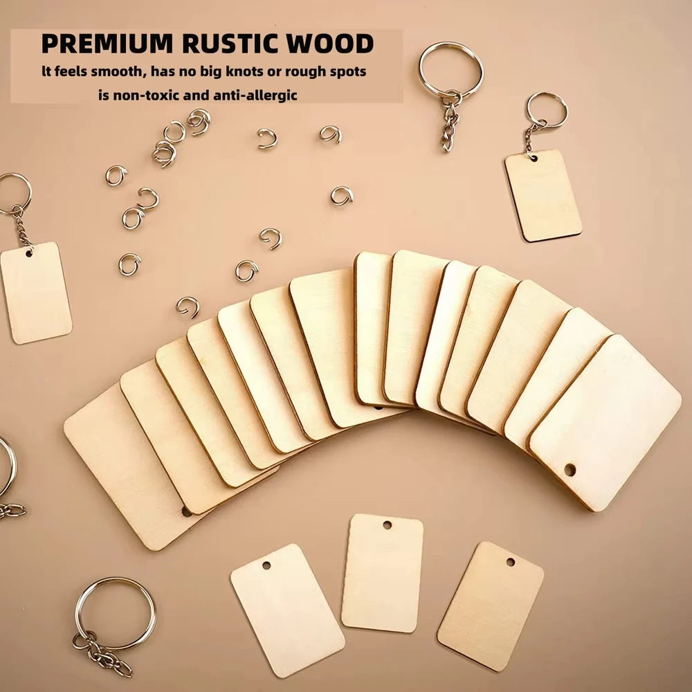 60-Pack Blank Wooden Keychains | DIY Rectangular Key Tags DIY Craft Kit QXL