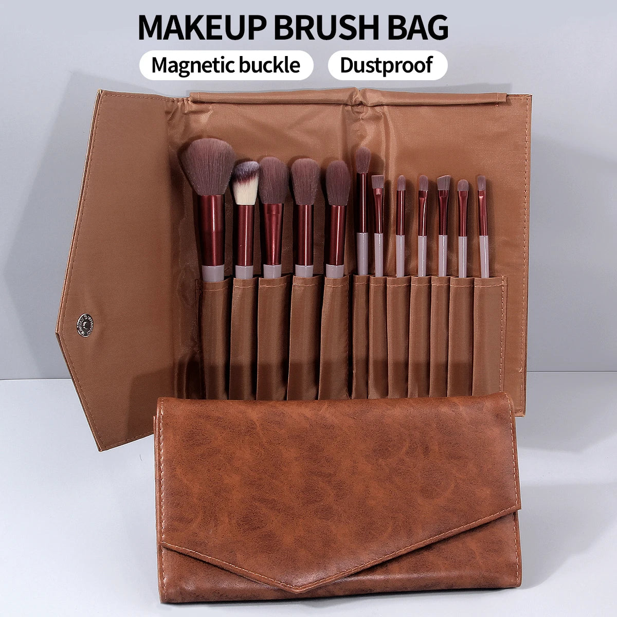 KOSSHOW Brown PU Makeup Brush Bag | Foldable Travel Organizer Makeup Brush Bag QXL