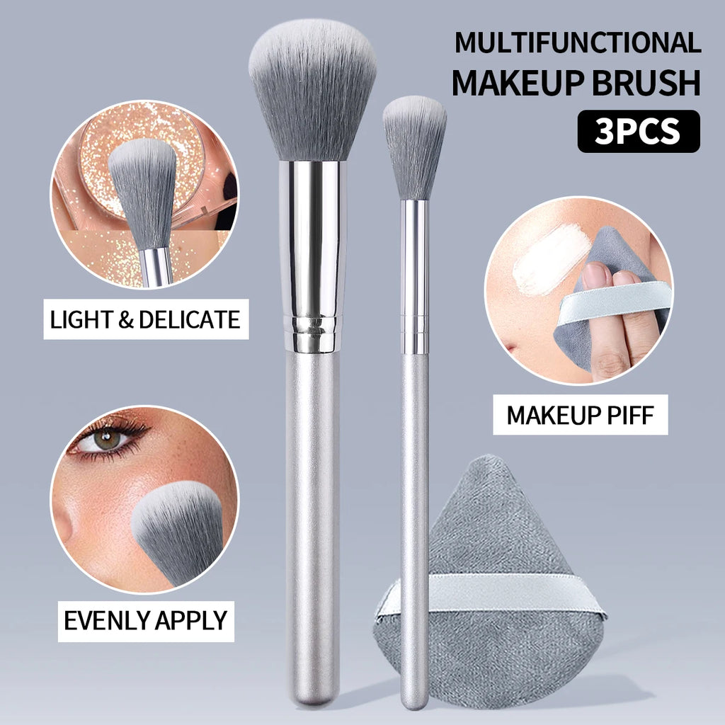 KOSSHOW 3-Pc Dome Blush Brush & Puff Set – Highlight & Powder Blush Brush Set QXL Silver