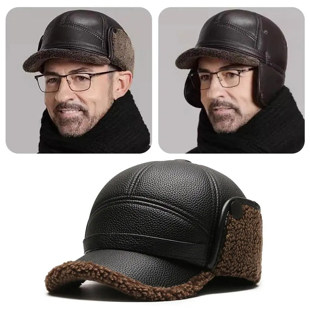 Men's Winter PU Leather Bomber Hat with Earflaps | Warm Cap Winter Bomber Hat QXL