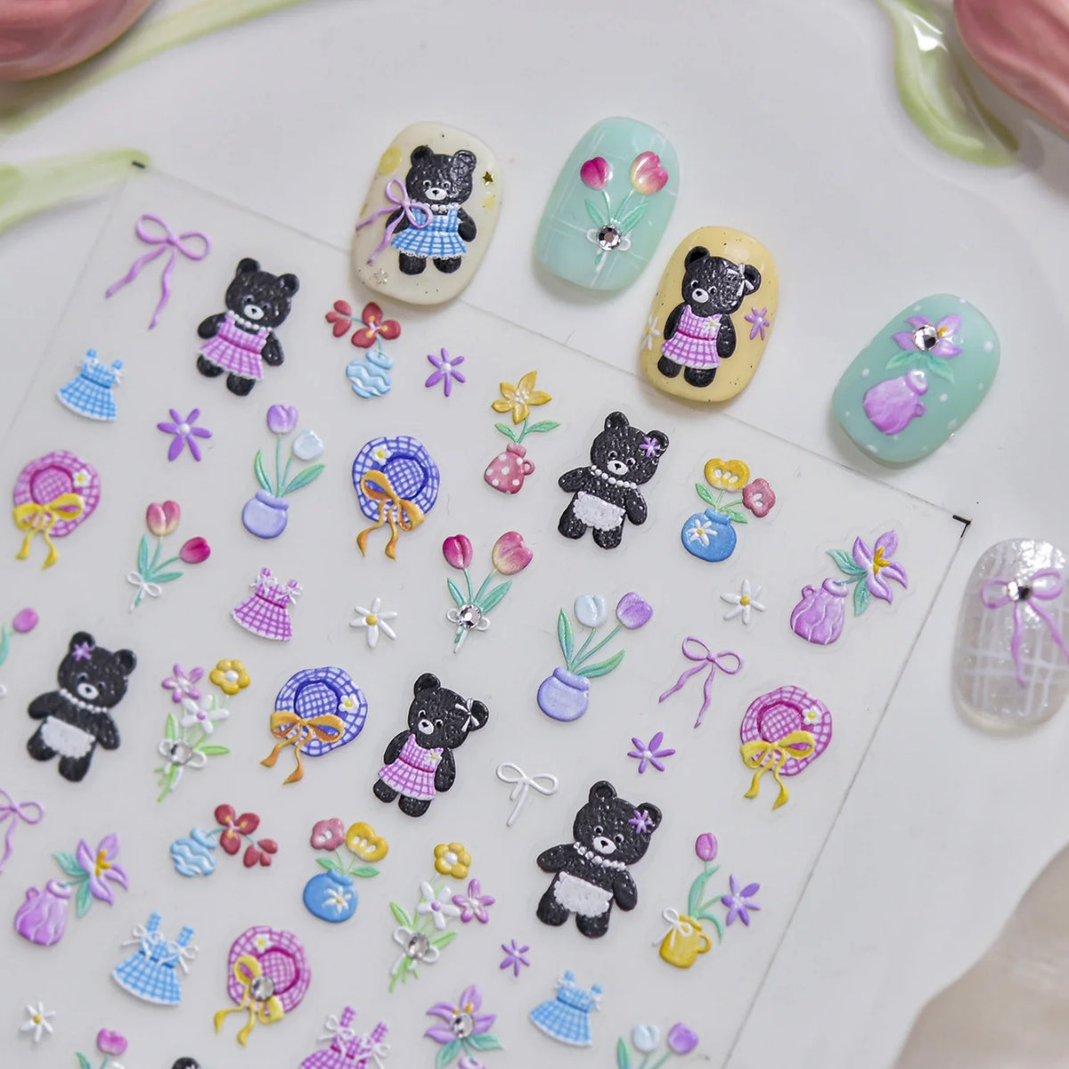 5D Black Bear Nail Art Stickers – Spring Tulip Garden Decals Nail Art Stickers QXL