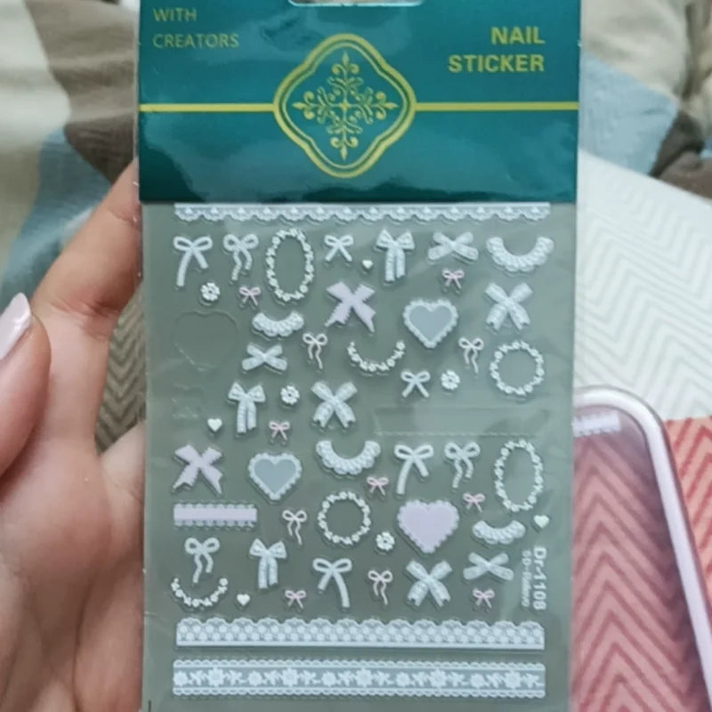 3D Lace Bow Nail Stickers | Embossed Shiny Shell Decals Nail Art Stickers QXL