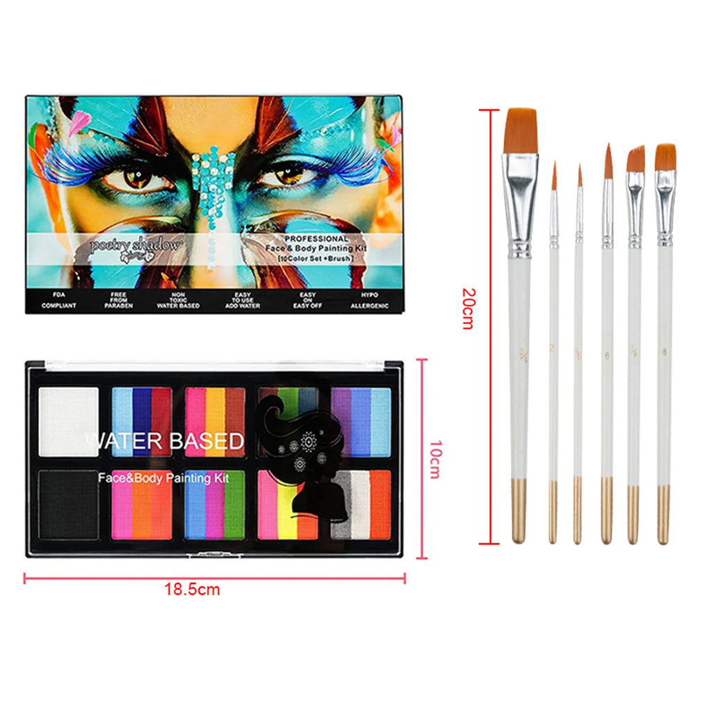 VERONNI 10-Color Face & Body Paint Kit | Halloween Cosplay Face & Body Paint Kit QXL with 6Brush