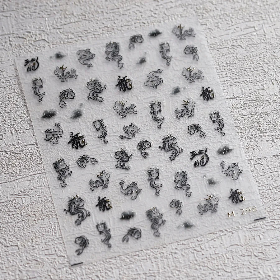 5D Chinese Dragon Nail Stickers | Pink Blue Glitter Decals Nail Art Stickers QXL M298