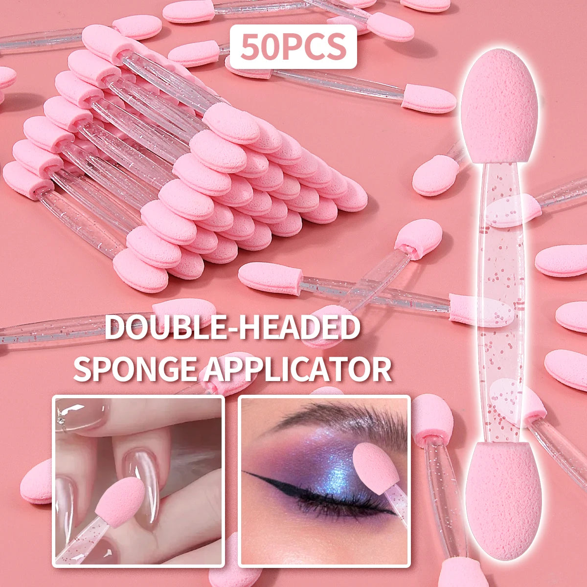 50-Pack Double-Ended Eyeshadow Sponge Applicator Wands | KOSSHOW Sponge Applicator Wands QXL Pink