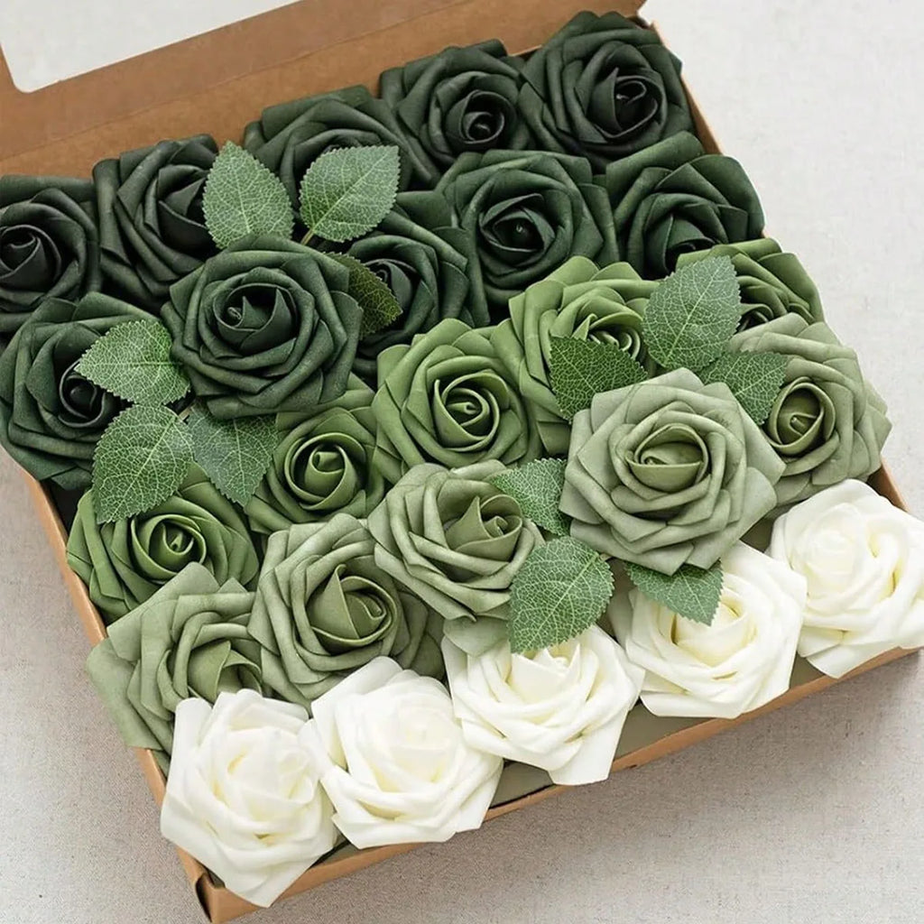 25-Pack Green Gradient Artificial Roses | Wedding & Party Décor Artificial Flowers QXL
