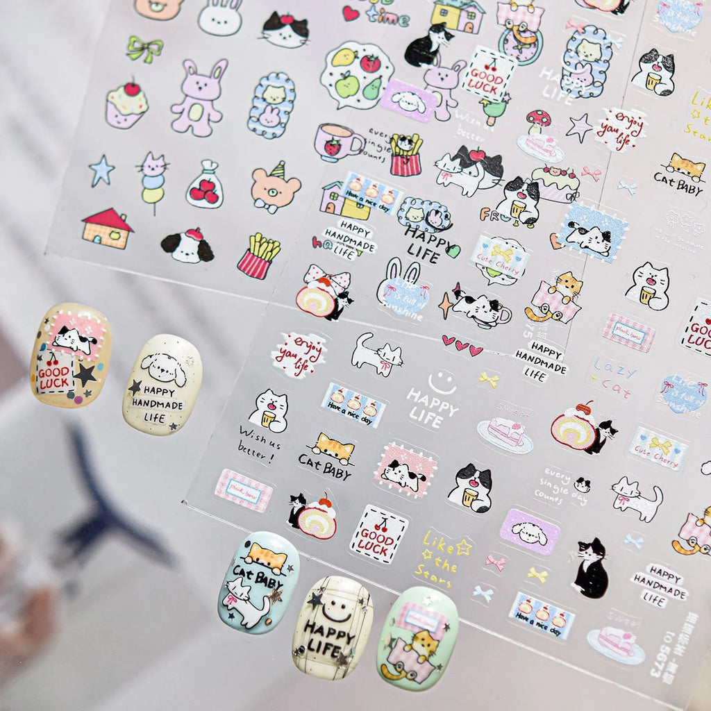 5D Embossed Cat & Donut Nail Art Stickers | DIY Nail Decals Nail Art Stickers QXL