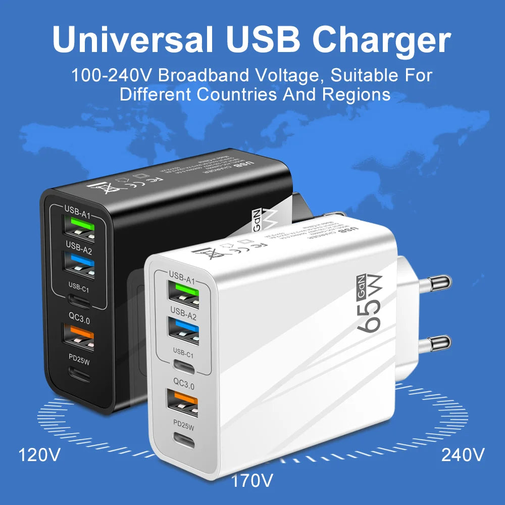 GaN 65W 5-Port USB Wall Charger | PD & QC 3.0 Fast Charge USB Wall Charger QXL
