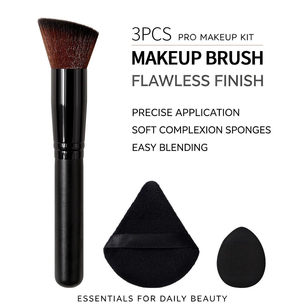 KOSSHOW 3-Pc Makeup Brush & Puff Set | Flawless Base Makeup Brush Set QXL black
