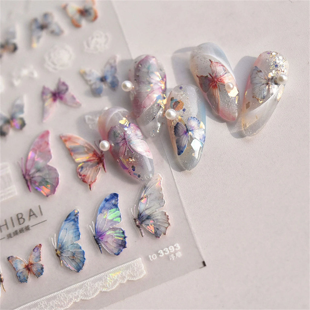 5D Laser Butterfly Nail Stickers | Kawaii Pink Blue Decals Nail Art Stickers QXL