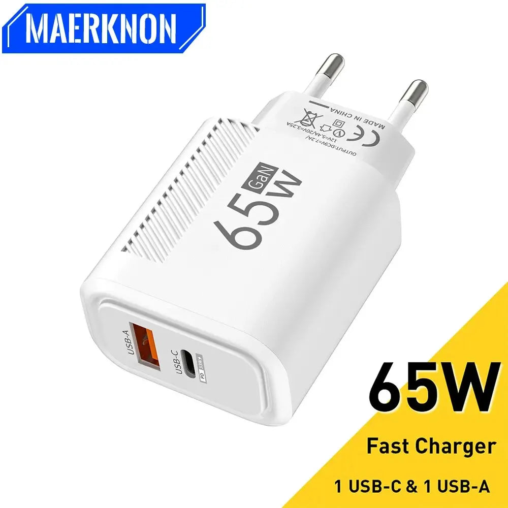 65W GaN USB-C Wall Charger | QC 3.0 Dual Port Fast Charging USB-C Wall Charger QXL