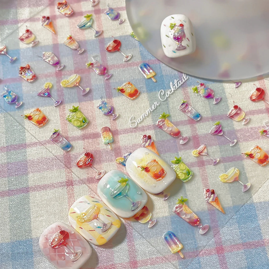 5D Summer Nail Stickers – Ice Cream & Cocktail Nail Decals Nail Art Stickers QXL