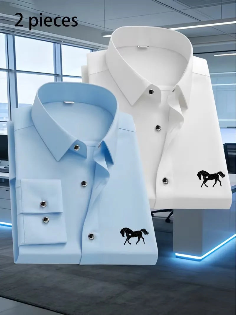 2-Pack Men's Slim Fit Horse Print Long Sleeve Shirts | 5 Colors Men's Casual Shirts QXL Blue White L