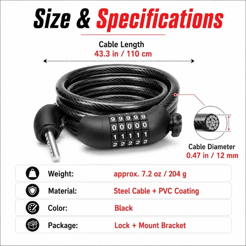 4/5-Digit Bike Combination Cable Lock 110cm | Scooter & E-Bike Combination Cable Lock QXL