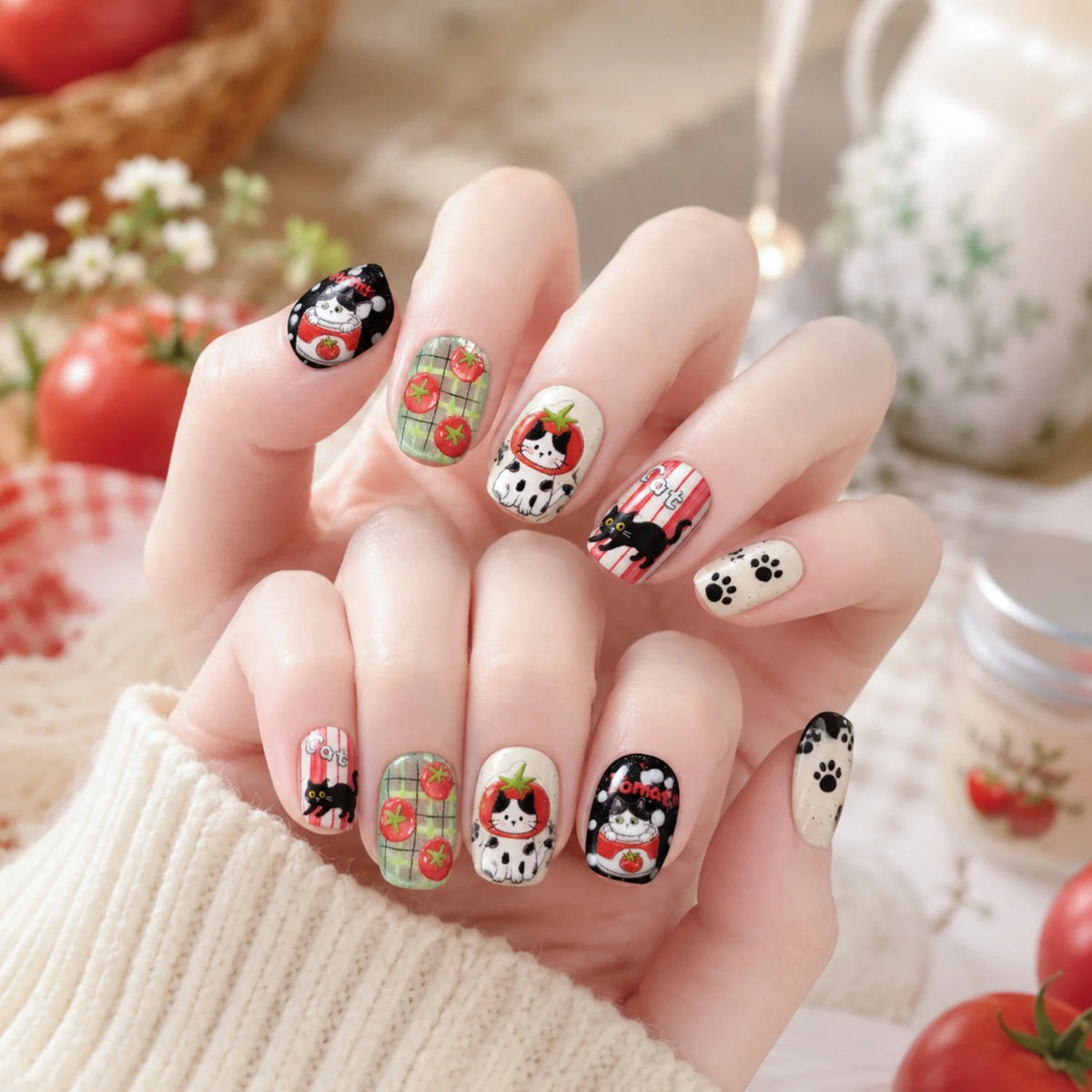 5D Cat & Cartoon Food Nail Stickers | Paw Print Decals DIY Nail Art Stickers QXL