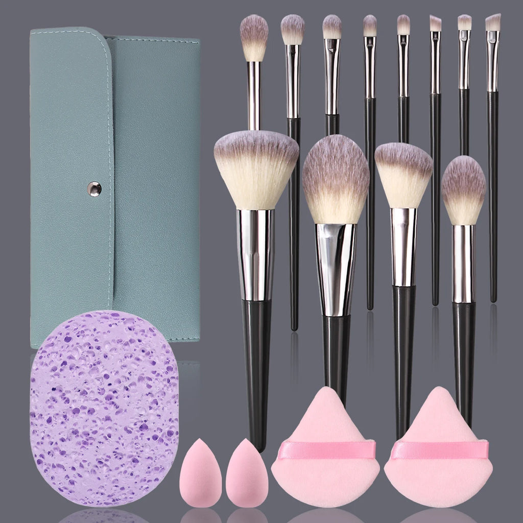 18-Pc Makeup Brush Set with Sponge, Puff & Storage Bag Makeup Brush Set QXL GRAY