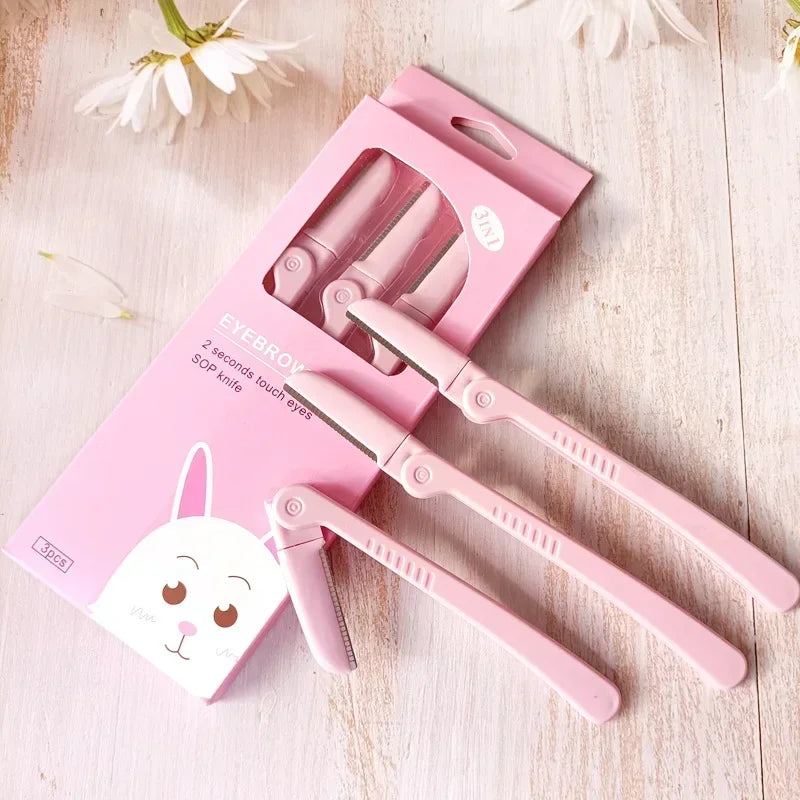 3-Pack Pink Folding Eyebrow Trimmer & Face Shaver Set Eyebrow Trimmer Set QXL