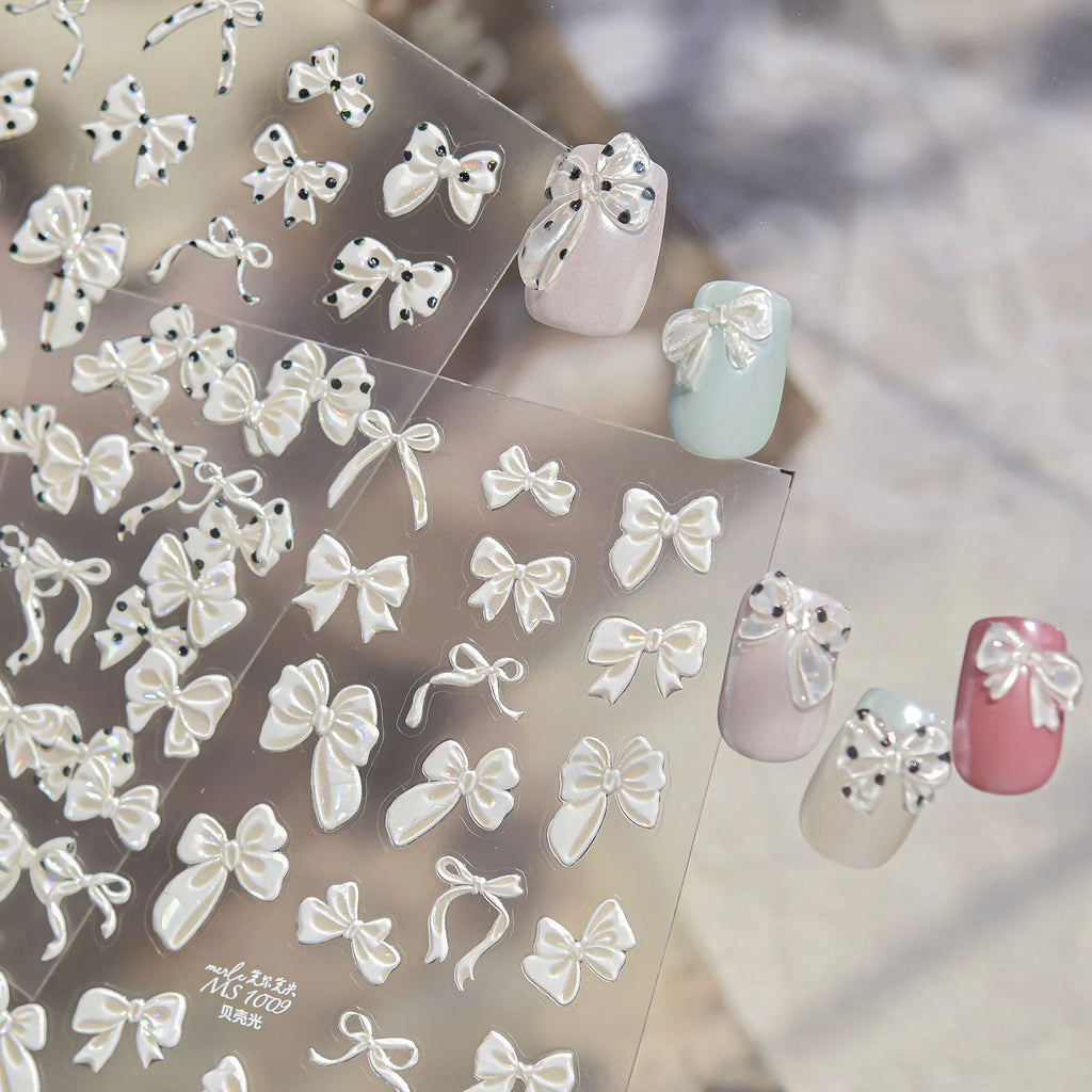 5D Bow Nail Stickers | Shell Shiny Satin Bowknot Self-Adhesive Decals Nail Art Stickers QXL