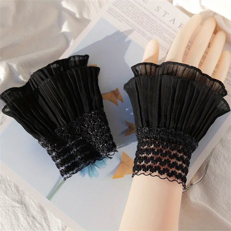 Double Ruffle Lace Fake Cuffs | Pleated Wrist Sleeves for Women Wrist Cuff Accessory QXL Black