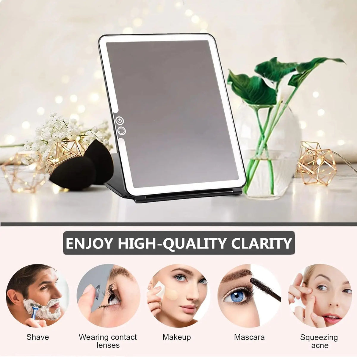 Foldable LED Makeup Mirror USB Rechargeable | 3-Color Dimmable Lighted Vanity Mirror QXL