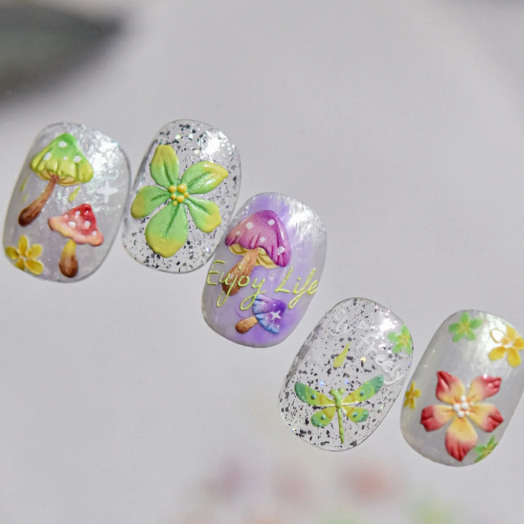 5D Embossed Nail Stickers – Mushroom Butterfly Floral Decals Nail Art Stickers QXL