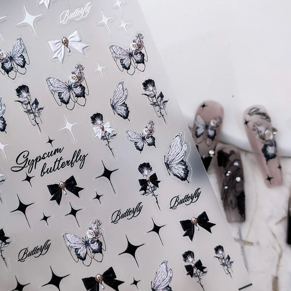 5D Embossed Punk Nail Stickers | Bow Butterfly Star Decals Nail Art Stickers QXL