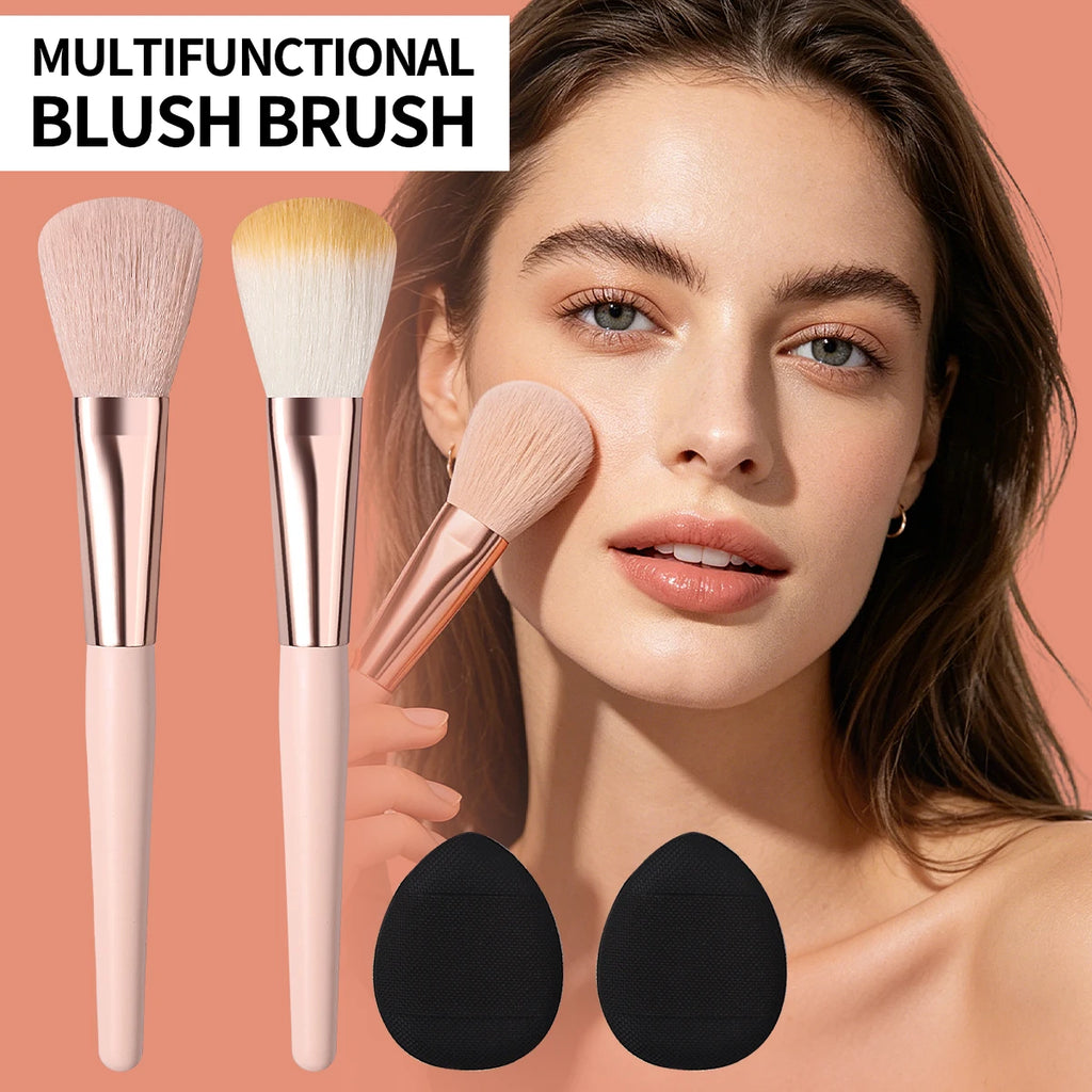 4-Piece Blush Brush & Powder Puff Set | Pink Wood Handles Makeup Brush Set QXL Pink