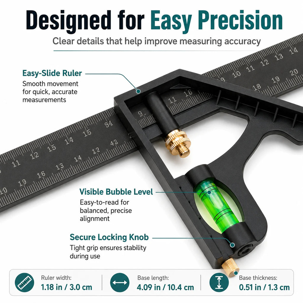 Adjustable Combination Square Ruler | 45° & 90° Bubble Level Combination Square Ruler QXL
