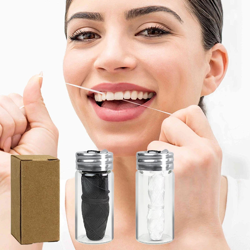 Bamboo Charcoal Dental Floss 30m | Refillable Glass Holder Biodegradable Dental Floss QXL