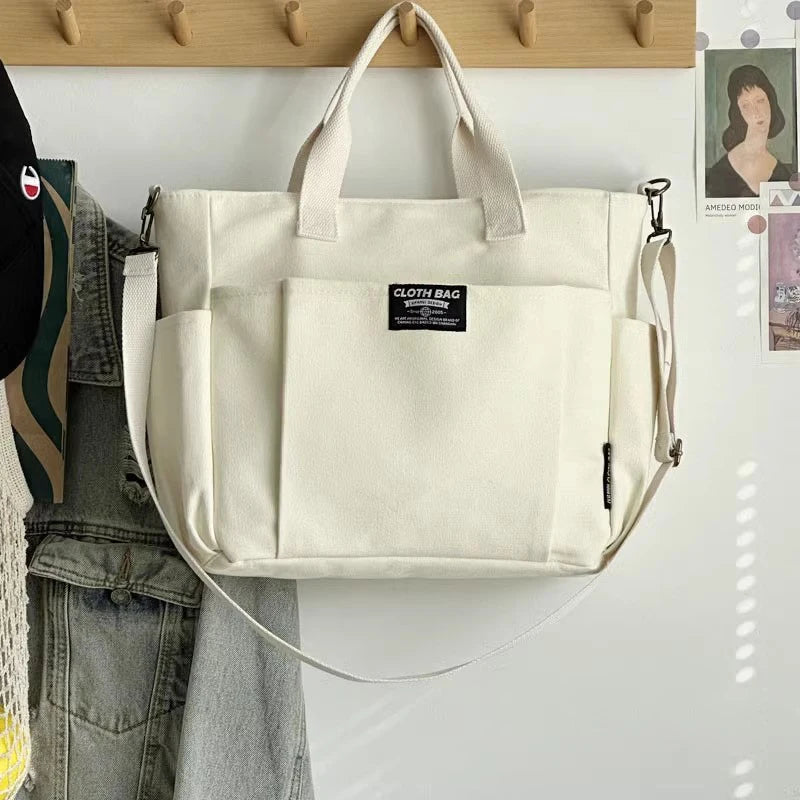 Large Canvas Tote Bag | Shoulder & Crossbody Laptop Bag Canvas Tote Bag QXL WHITE