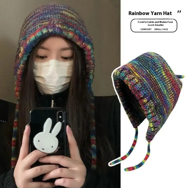 Rainbow Striped Knit Beanie Hat | Women's Winter Ear Warmer Knit Beanie Hat QXL