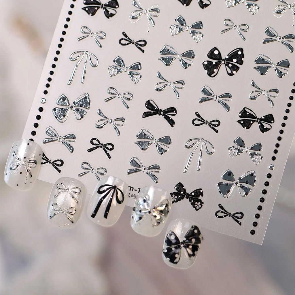 5D Bow Nail Stickers Y2K Polka Dot Silver Embossed Decals Nail Art Stickers QXL