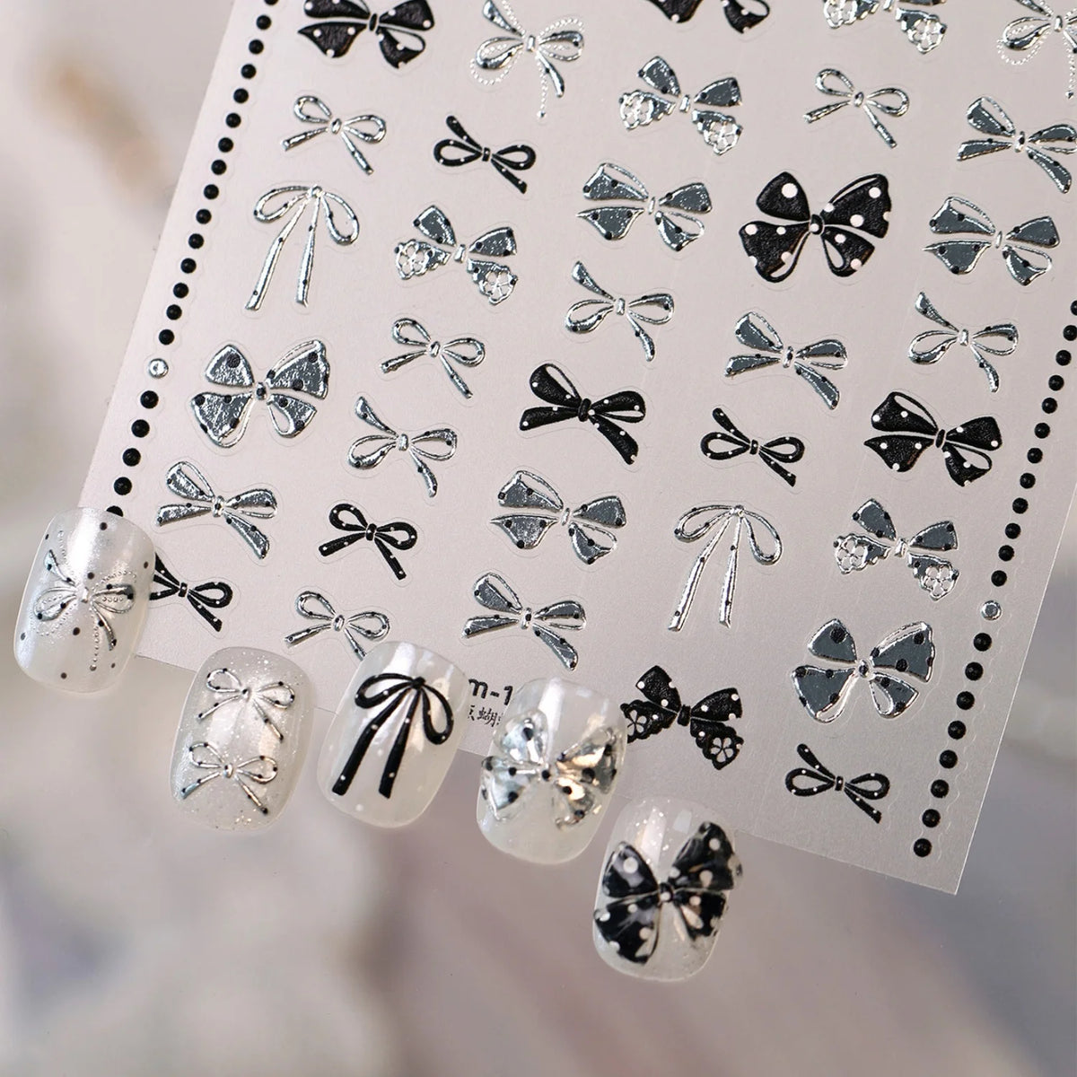 5D Bow Nail Stickers Y2K Polka Dot Silver Embossed Decals Nail Art Stickers QXL