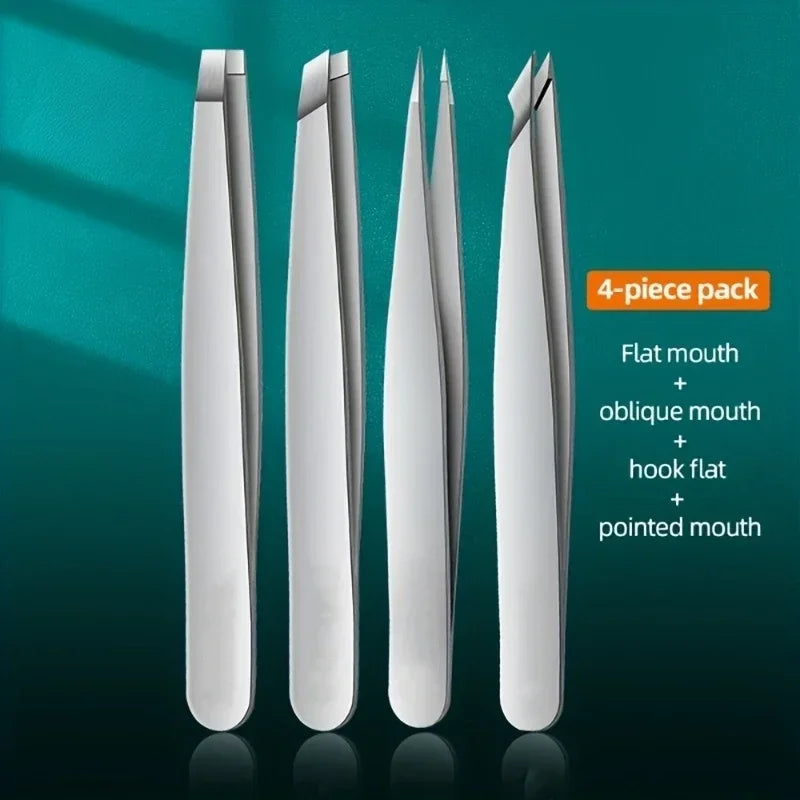 4-Pc Stainless Steel Precision Tweezers Set | Brow & Facial Precision Tweezers Set QXL Silver 4 Pcs