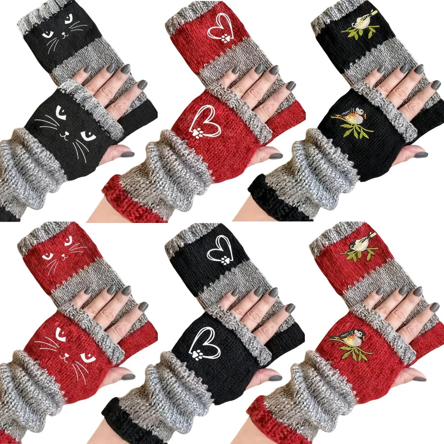 Women's Embroidered Fingerless Gloves – Cat, Bird & Heart Fingerless Gloves QXL