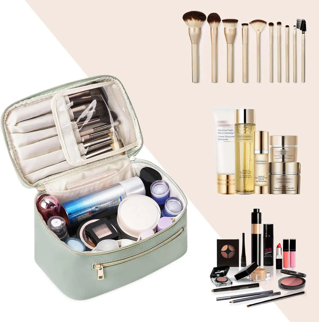 Large PU Leather Travel Makeup Bag with Brush Compartment Travel Makeup Bag QXL