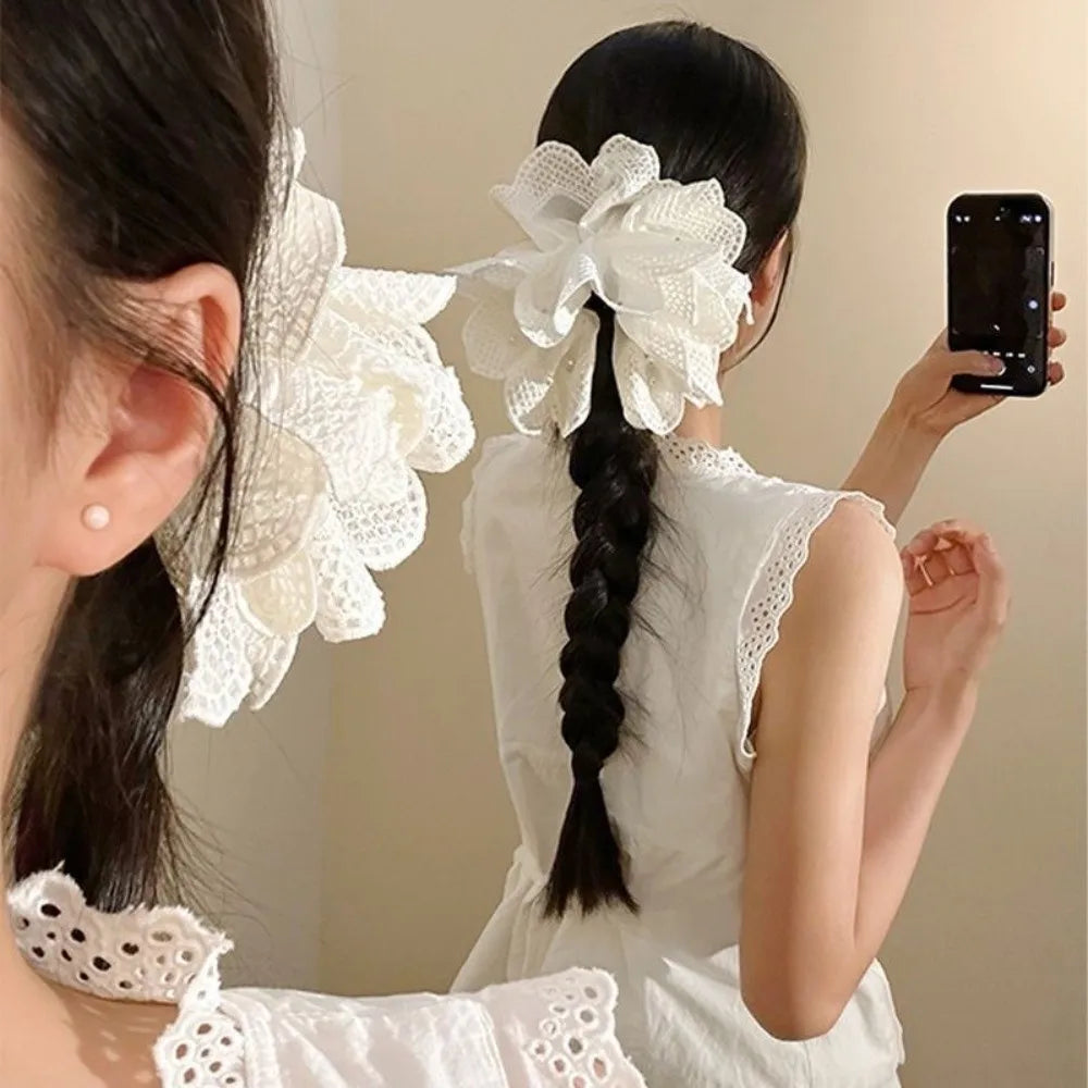 White Flower Lace Ponytail Shark Clip | Women's Hair Accessory Hair Shark Clip QXL