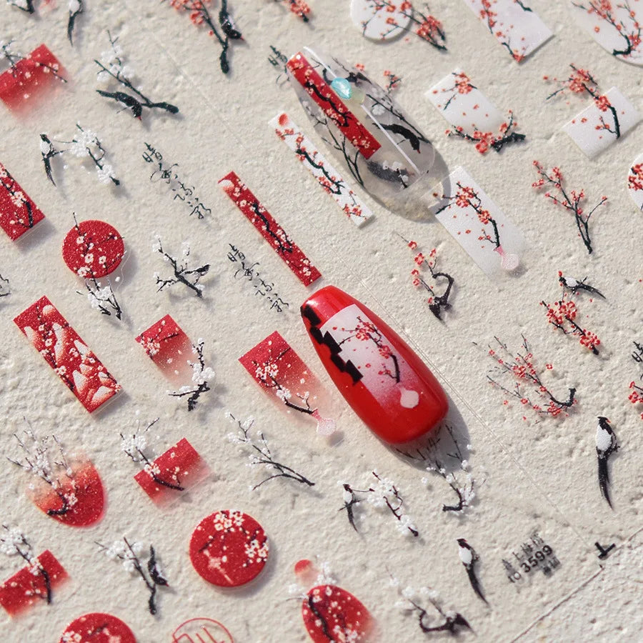 5D Plum Blossom Nail Stickers | Self-Adhesive Floral Decals Nail Art Stickers QXL