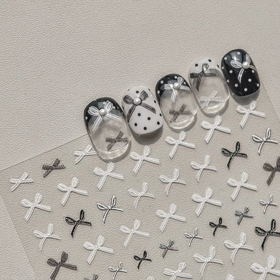 5D Kawaii Bow Nail Art Stickers | Pink Black White Ribbon Decals Nail Art Stickers QXL