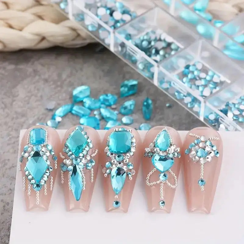 530-Pc 3D Nail Art Rhinestones | 12-Grid Flatback DIY Set Nail Art Rhinestones QXL