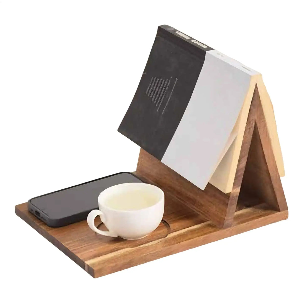 Wooden Book Stand with Drink Holder & Phone Slot | Triangle Wooden Book Stand QXL