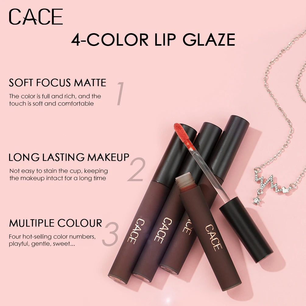 CACE 4-Pc Matte Liquid Lip Gloss Set + Silver Necklace Gift Liquid Lip Gloss Set QXL