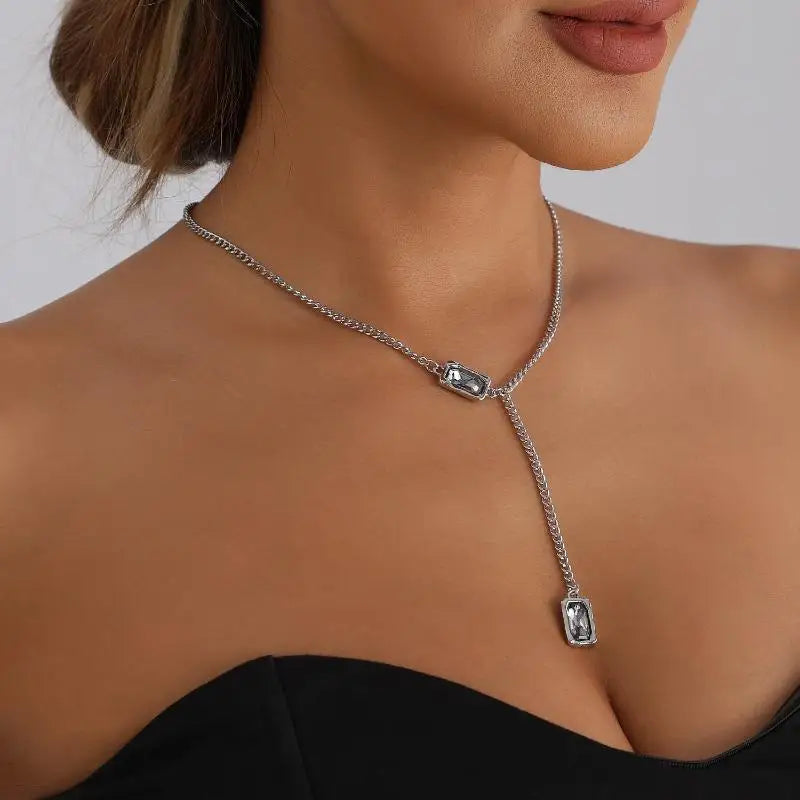 Vintage Black Square Rhinestone Y-Shape Pendant Necklace Pendant Necklace QXL
