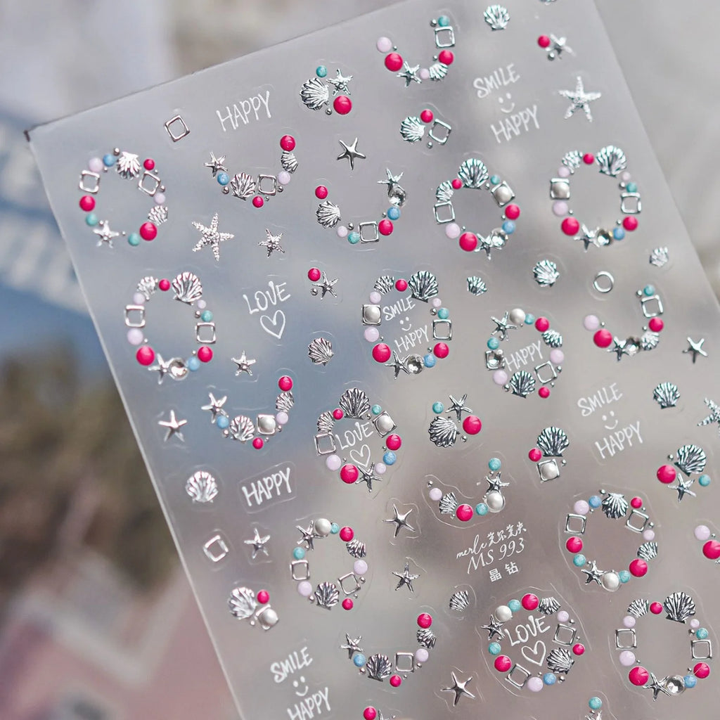 5D Ocean Nail Stickers – Pearl Shell Starfish Metal Frame Decals Nail Art Stickers QXL