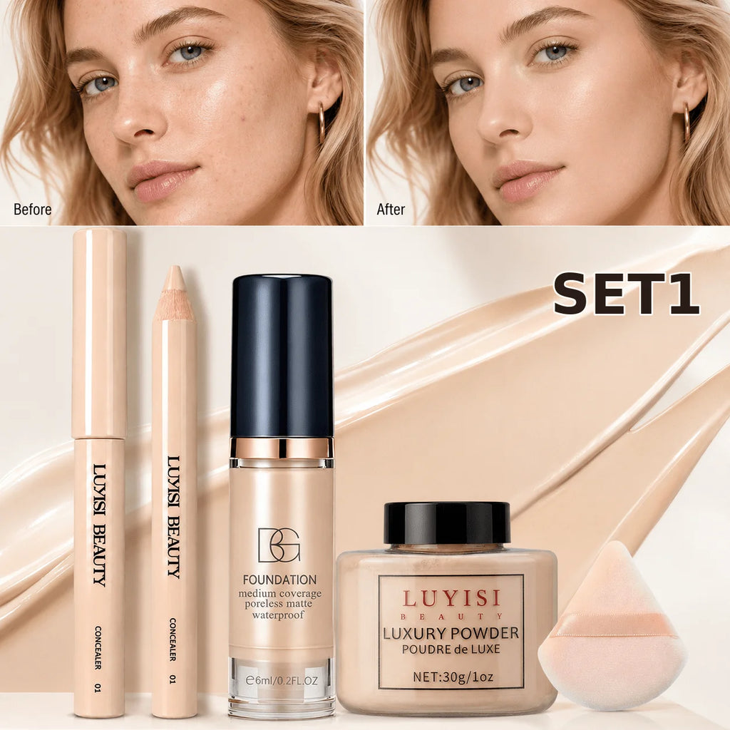 4-Piece Makeup Set | Concealer, Foundation, Powder & Puff Facial Makeup Set QXL set 1