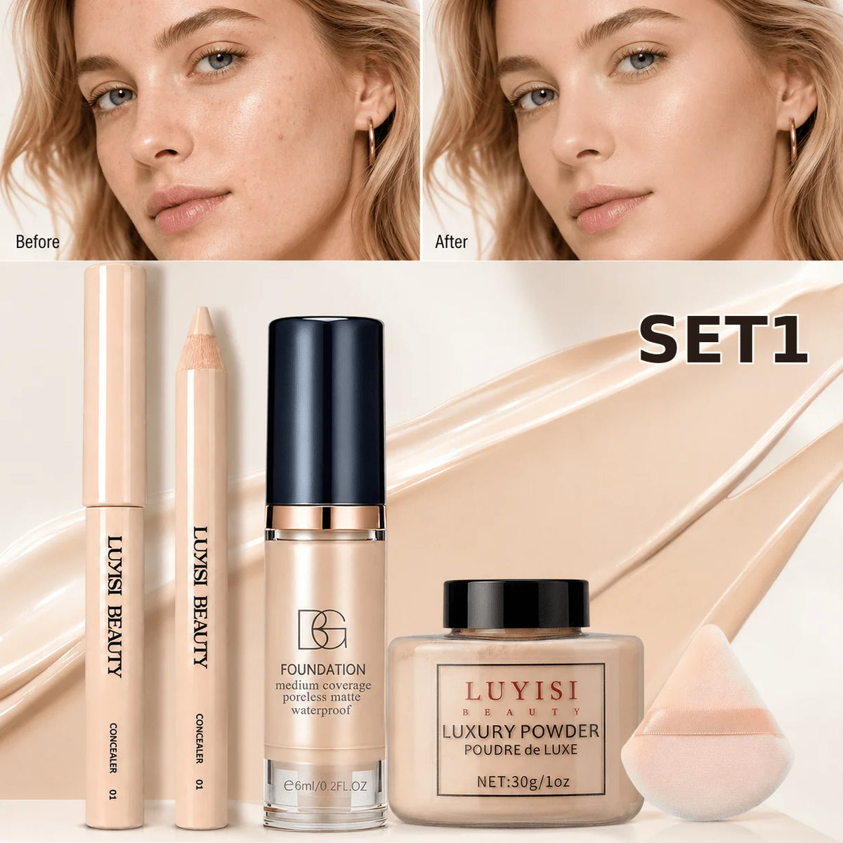 4-Piece Makeup Set | Concealer, Foundation, Powder & Puff Facial Makeup Set QXL set 1