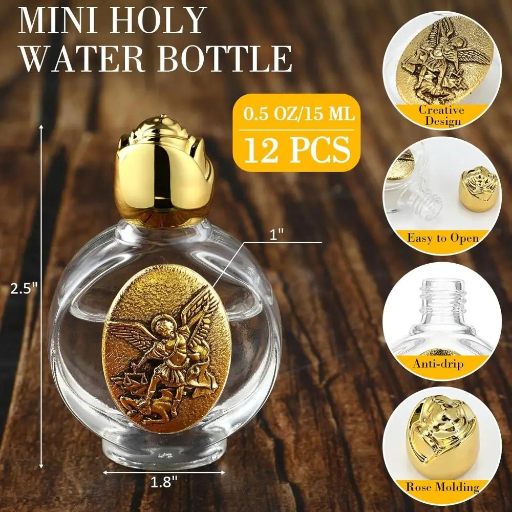 Catholic Holy Water Bottle 0.5 Floz | Gold Glass Devotional Devotional Water Bottle QXL