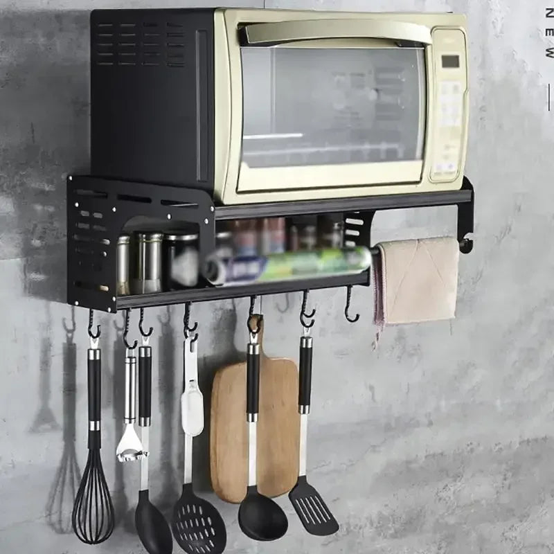 2-Tier Wall-Mount Aluminum Microwave Rack with Hooks Kitchen Wall Rack QXL